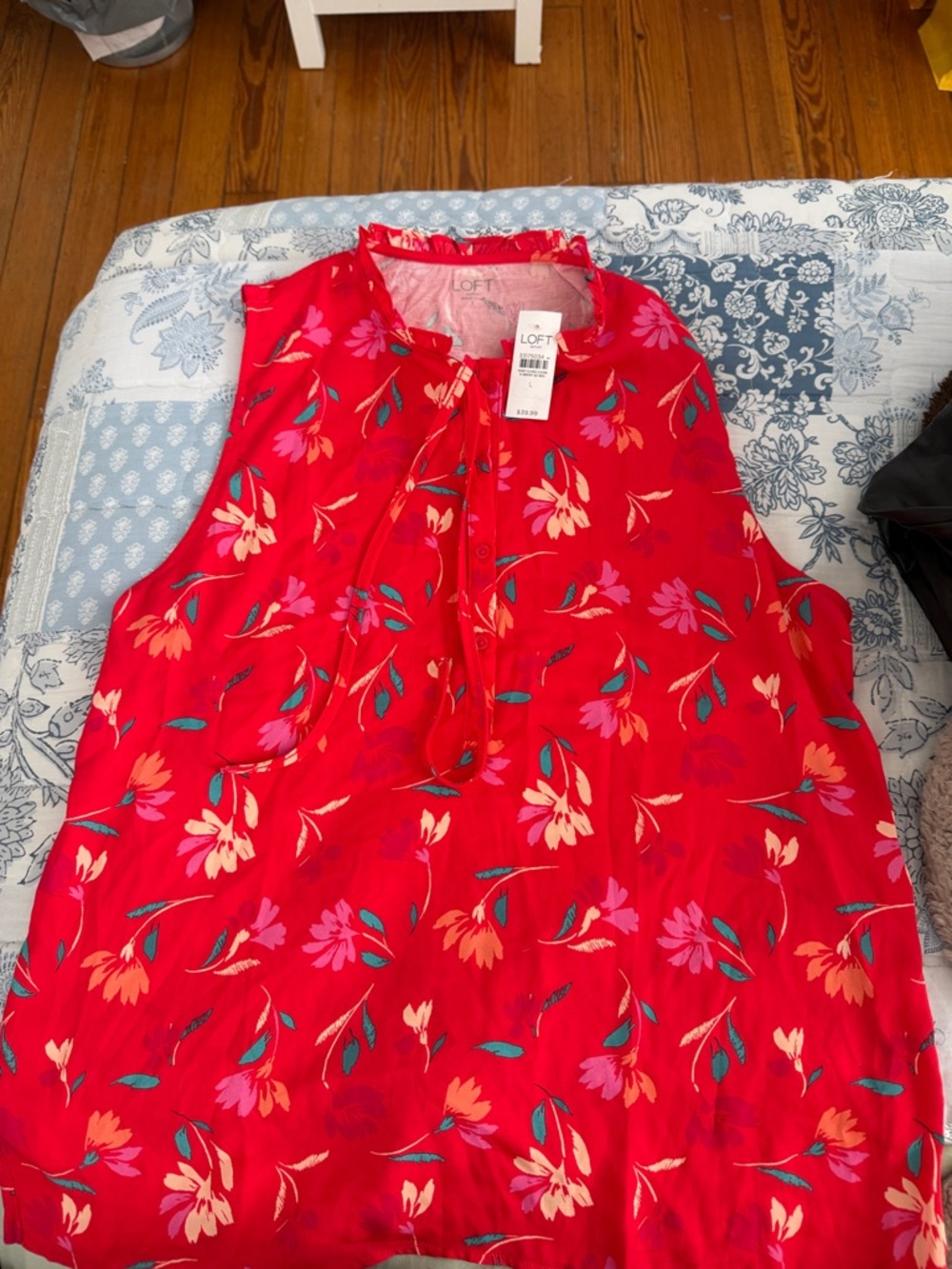 LOFT Red Floral Tie-Neck Sleeveless Camisole